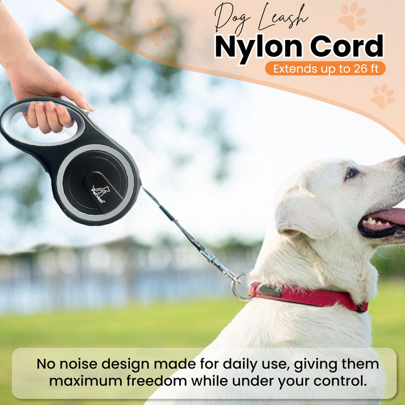 Retractable Dog Leash – Extendable up to 26 FT, Heavy Duty Nylon Tape, No-Tangle, One-Handed Brake & Lock, for Small to X-Large Dogs up to 110 lbs (Black) - PawsPlanet Australia