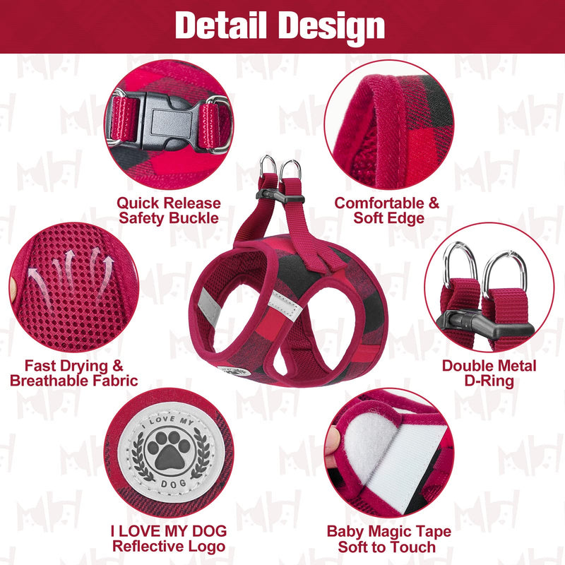 BEAUTYZOO Small Dog Harness and Leash Set,Step in No Choke No Pull Soft Mesh Dog Harnesses Reflective for Extra-Small/Small Medium Puppy Dogs and Cats, Plaid Dog Vest Harness for XS S Pets, Red M Medium(Chest Girth 16" - 18") - PawsPlanet Australia