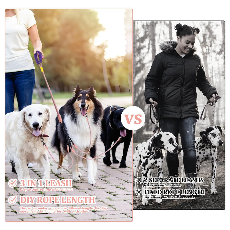 Double Dog Leash No Tangle, Adjustable Split Leads Four Pet Walking Leash with Comfortable Padded Handle for Four Dogs, Hands - Free Dual Leashes for Small/Medium Pets (Pink, Four Leashes) Pink