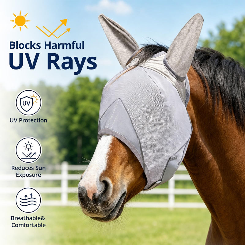Adjustable Horse Fly Mask with Ears, UV Protection Mesh Fly Mask for Horse, Comfortable No Nose Design, Fits Average & Large Horse, Ideal as UV Fly Mask for Horses Against Insect Pests