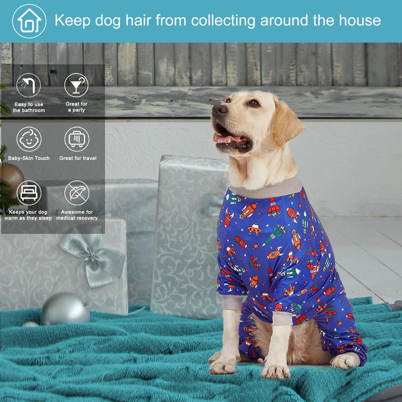 LovinPet Large Dog Pajamas, Navy Rocket and Spaceship Print, Lightweight Stretchy Knit Big Dog Pullover Shirt, Stop Shedding for Dogs, Onesies for Dogs, Pet PJ's Jumpsuit, PJ's for Pitbulls, 2XL XX-Large Grey Blue - PawsPlanet Australia