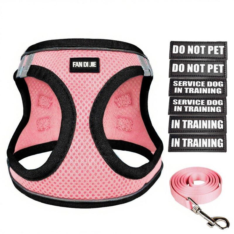 Service Dog Harness Vest Set Emotional Support Small Size Dog- 6PCS Removable Patches -Mesh Puppy Harness and Leash Set Training Pink-M M (Chest: 16 - 18") - PawsPlanet Australia