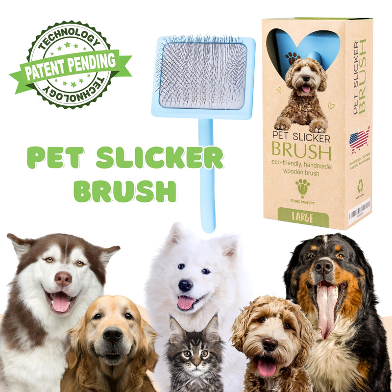 Pet Slicker Brush With Soft Massage Grooming Stainless Steel Pins - For Dematting, Shedding Fur, and Undercoat - Ideal Gift for Professional Pet Groomers - Long Slicker Brush - Flying Pawfect Flat Large (3-Pack) Coral & Baby Blue - PawsPlanet Australia