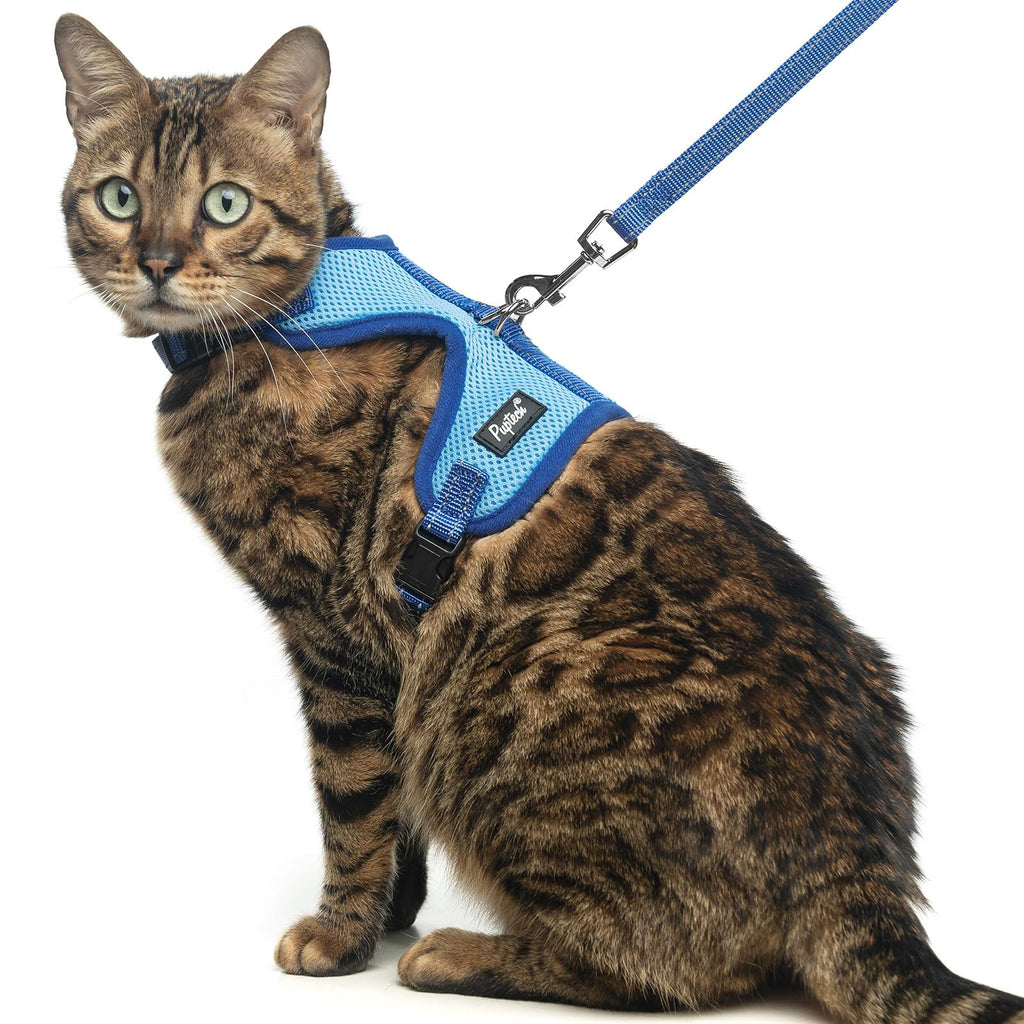 PUPTECK Cat Harness and Leash Set Escape Proof, Reflective Adjustable Soft Mesh Kitten Vest Harness for Walking Travel, Blue, M Medium