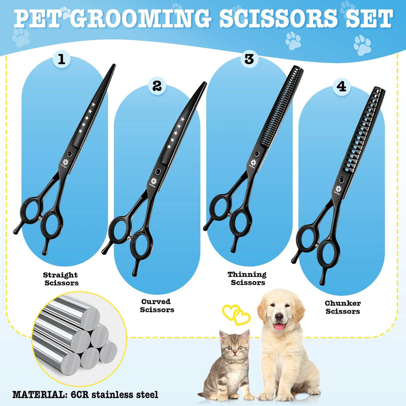 Dream Reach Dog Grooming Scissors - 7 Inch Professional 6 in 1 Pet Grooming Kit Sharp and Durable Shears Set Thinning, Chunker, Straight, Curved Shears and Comb for Dog Cat Pet, Black 7Inch-Set-Black - PawsPlanet Australia