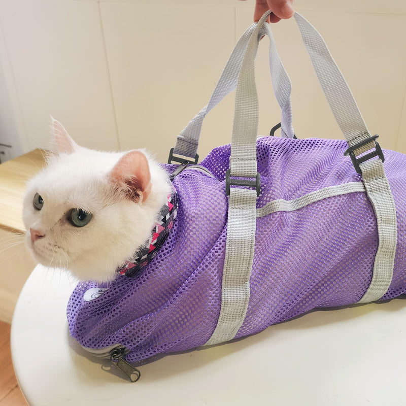 Cinf Cat Bathing Bag(Free Muzzle) Breathable Mesh Anti Scratch Adjustable Cat Grooming Bag for Nail Trimming, Bathing Soft Cat Washing Bag(Taro) L L-Drama Cat Taro