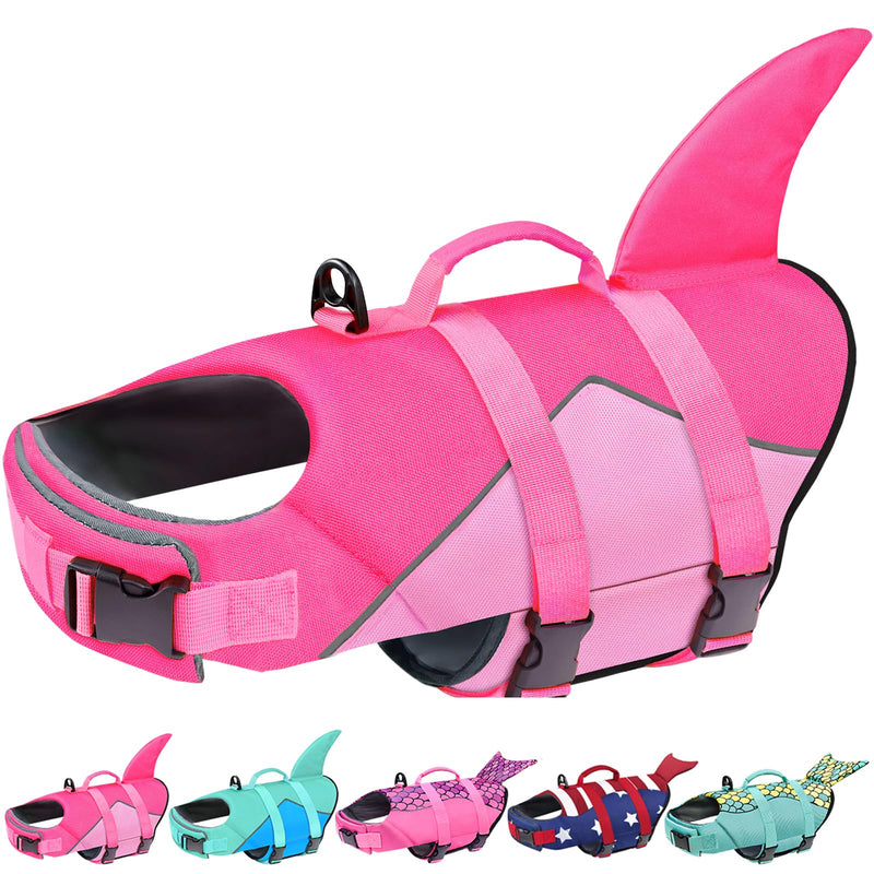 Malier Dog Life Jacket, Ripstop Dog Life Vest with Rescue Handle for Swimming Boating, Reflective Puppy Life Jackets Dog Shark Life Jacket with Adjustable Strap for Small Medium Large Dogs (Large) Pink-Shark