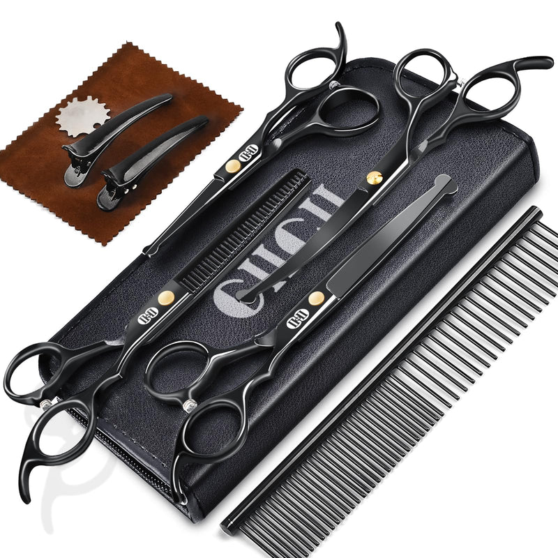 CIICII Dog Grooming Scissors Kit, 7 Inch Professional Pet Grooming Scissors Set with Safety Round Tip (Dogs/Cat Hair Cutting Trimming Thinning Shears with Curved Scissor) for DIY Home Salon (Black) Black Dog Grooming Scissors - PawsPlanet Australia