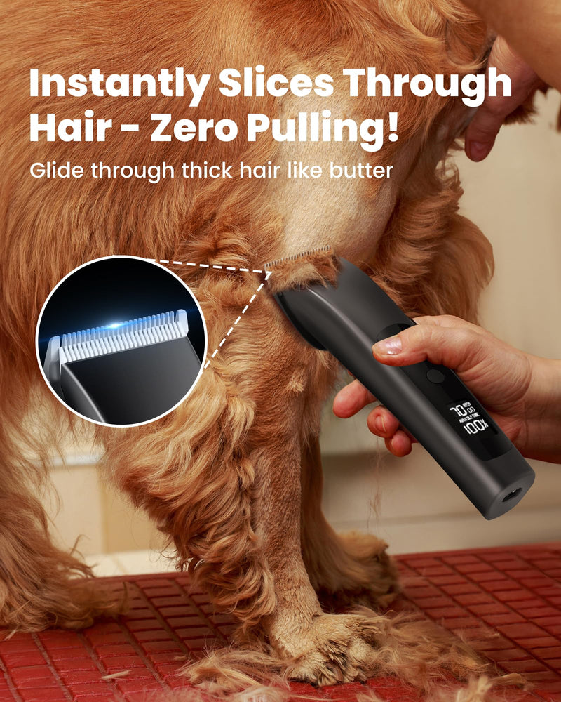 Dog Clippers for Grooming Thick Hair with Undercoat Rake, Low Noise Cordless Dog Grooming Kit with 2 Replacement Blade, Rechargeable Cat Shaver Timmer for Pets Glossy black - PawsPlanet Australia