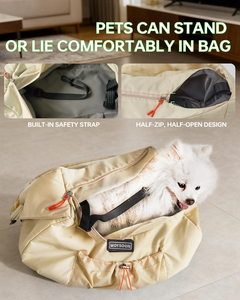 Puppy Carrier Sling - Widened and Thickened Shoulder Strap with Pocket, Adjustable Hands-Free Small Dog Carrier Sling for Outside and Daily Walks, for Small Dog and Cat 12 lbs, (Buff). Light yellow - PawsPlanet Australia