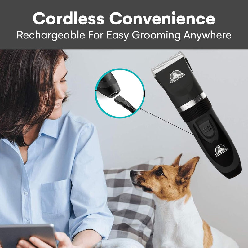 Pet Union Professional Dog Grooming Kit - Cordless Low Noise Dog Clippers for Grooming Thick Coats - All Pet Safe Cat Hair Trimmer - Pet Grooming Kit Includes Dog Hair Clippers, Nail Trimmer & Shears Black - PawsPlanet Australia