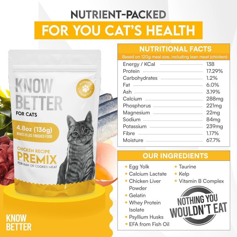 Know Better Chicken Recipe Premix for Raw Or Cooked Cat Food - Natural Supplies Meal Mix with Taurine for Cats - Indoor Cat Food Meal Completer, Feline Premix for Homemade Cat Food - 4.8 Oz 4.8oz