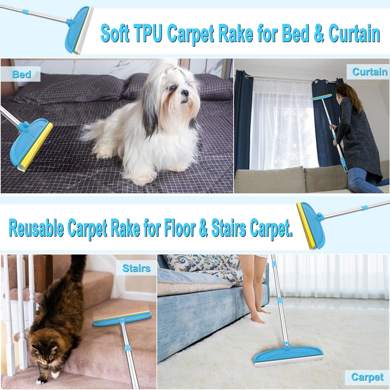 Carpet Rake for Dog Hair Remover: 2 in 1 Reusable Pet Hair Remover – 60‘’ Adjustable Long Handle Carpet Removal Tool for Dog Cat Human Hair – Carpet Scrape Cleaning for Rug Couch Bed - PawsPlanet Australia