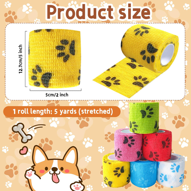 6 Pack 2 Inch x 5 Yards Paw Print Pet Vet Wrap for Dogs, Cats, Horses, Colorful Non-Woven Self-Adhesive Cohesive Bandage Rolls Set for Wound Care, Ankle Sprains, Swelling, and First Aid Protection - PawsPlanet Australia