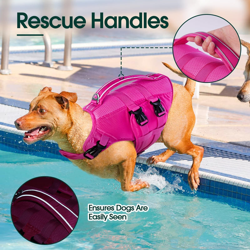 Kuoser Dog Life Jacket XL, High Flotation Doggie Life Vest for Swimming Boating, Reflective Swimming Vest Pet Water Preserver with Rescue Handle XL (Chest Girth:25.9-33.4'') 2#RoseRed - PawsPlanet Australia