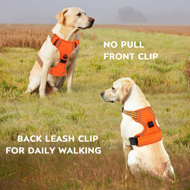 Dog Harness Medium No Pull for Large Dogs and Lead set Adjustable Reflective Pet Vest with Front clip Handle Padded dog harness best for outdoor Training and walking Orange L