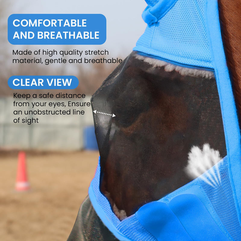 Fly Masks for Horses with Ears and Nose Cover Large Eye Space, Adjustable Horse Fly Mask for Daily UV Protection Breathable Comfort Fit Riding & Competition(Blue, L) Sky Blue
