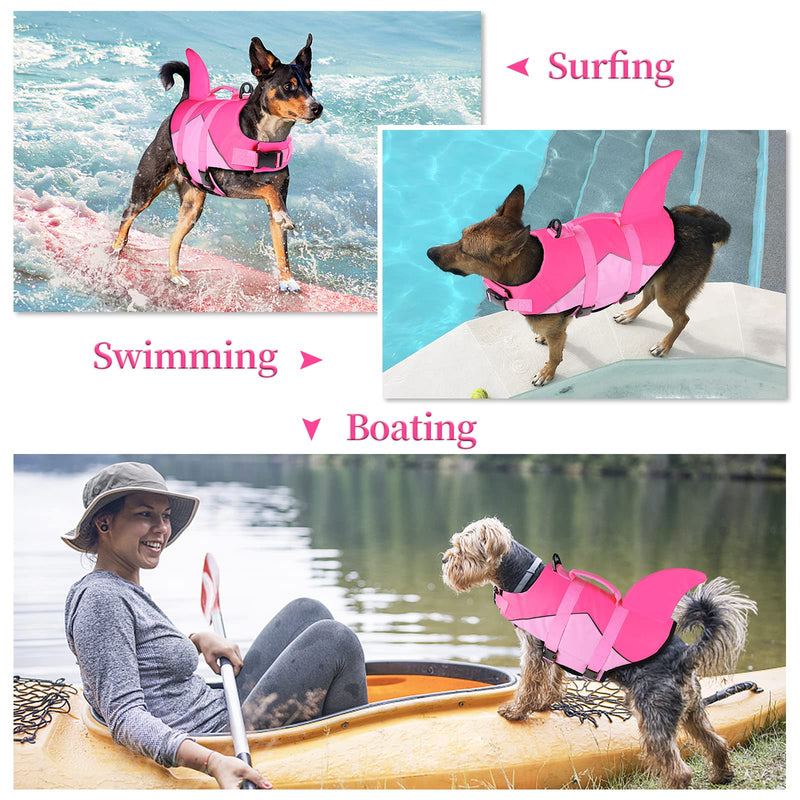 Malier Dog Life Jacket, Ripstop Dog Life Vest with Rescue Handle for Swimming Boating, Reflective Puppy Life Jackets Dog Shark Life Jacket with Adjustable Strap for Small Medium Large Dogs (Large) Pink-Shark