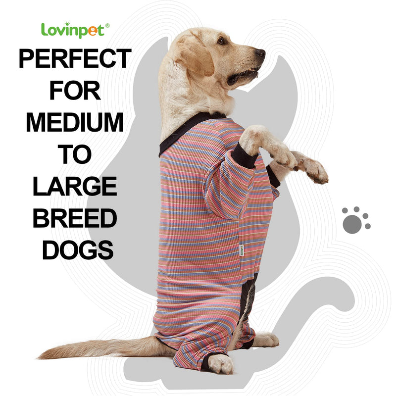 LovinPet Large Dog Pajamas, Cotton Multicolor Stripe Big Dog Shirt, Stop Shedding for Dogs, Full Body Dog Onesie, Pet Pajamas for Dogs, Pet PJ's, XL X-Large Pink Black - PawsPlanet Australia