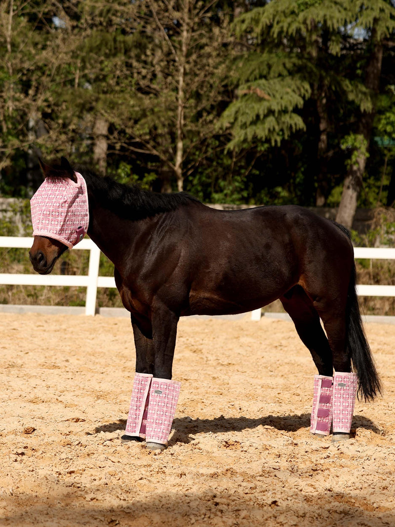 Tackmore Horse Fly Mask Without Ears, Breathable Structured Mesh for Horses, Soft Fleece Edging, UV Protection, Printed Turnout Mask for Pasture-Pink Print L Pink Print