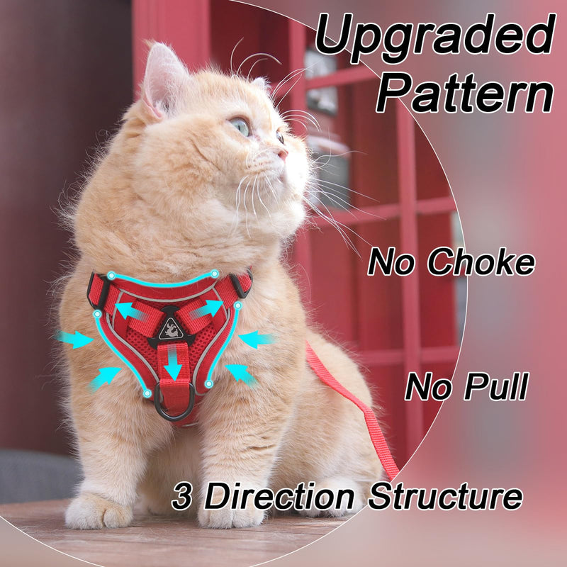 Cat Harness and Leash Set, Upgraded Escape Proof Adjustable Kitten Vest with Lead for Small Cat Outdoor Walking, Soft Breathable Mesh Jacket with Reflective Strips for Dark Night (S, Fresh Red) S