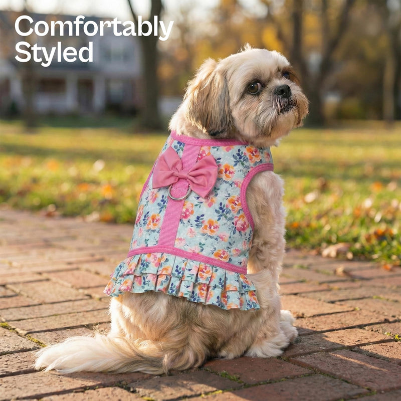 Parisian Pet Floral Dog Harness Dress - Breathable No Pull Puppy Dress with Pink Bow and Leash Ring - 100% Mesh Fabric Harnesses for Dogs - Soft Padded Step in Pet Vest - Dog Harness for Large Dogs XL Spring Blossoms