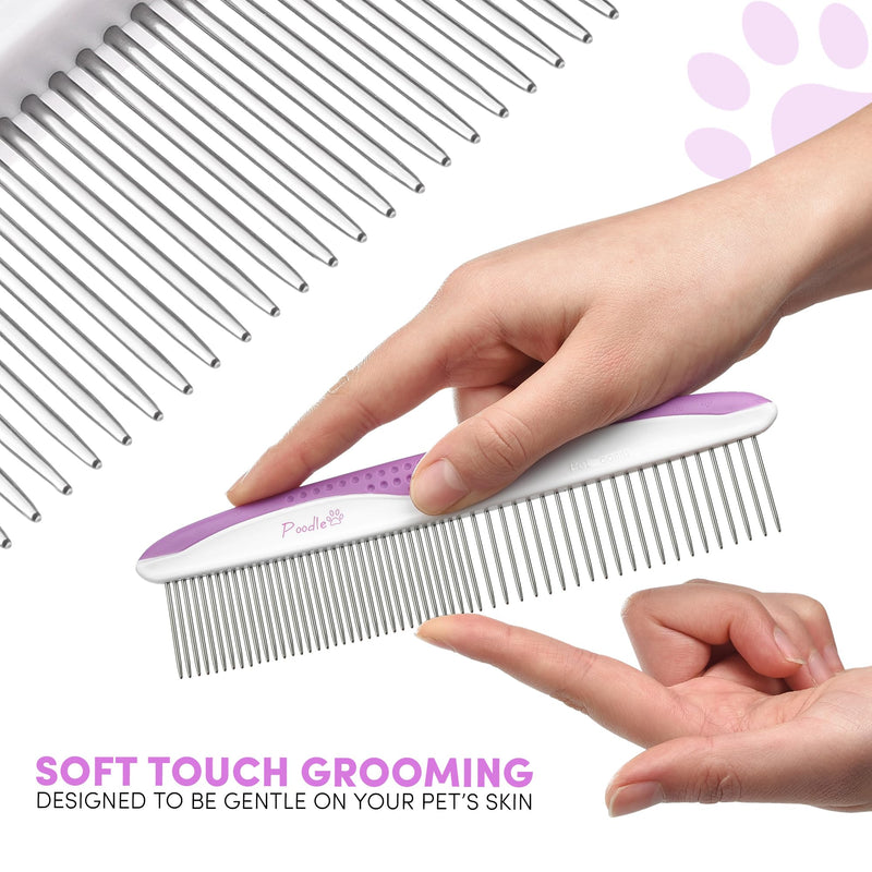 Poodle Pet Dog Combs for Grooming | 2 Pack | Stainless Steel Teeth Easily Remove Dirt | Proper Care Prevents Knots and Mats for Long and Short Haired Pets | Anti-Slip Comfort Grip Handle (Purple) Purple
