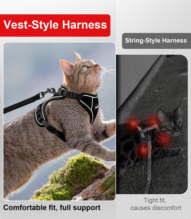 Cat Harness and Leash for Walking Escape Proof Soft Adjustable Cat Leash Breathable Comfortable Vest Easy to Wear Kitten Harness for Outdoor Travel Black S S (7-12lb) - PawsPlanet Australia