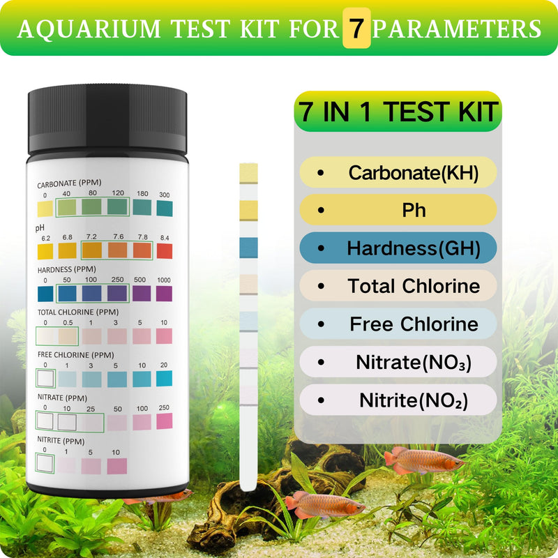 7 in 1 Aquarium Test Strips for Freshwater Aquarium - 100 Strips Fast & Accurate Aquarium Water Test kit for Fish Tank/Aquarium/Pond/, Monitors pH, Hardness, Chlorine, Nitrate, Nitrite and More 100pcs/tube - PawsPlanet Australia