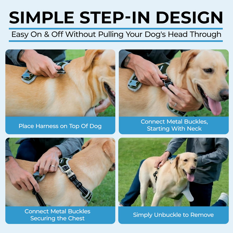Step-in Dog Harness for Large Dogs - Adjustable, Easy On/Off No Pull Head Through Design, 2 Leash Attachment Points, 3M Reflective Trim, Neoprene Padded Control Handle, Black - PawsPlanet Australia