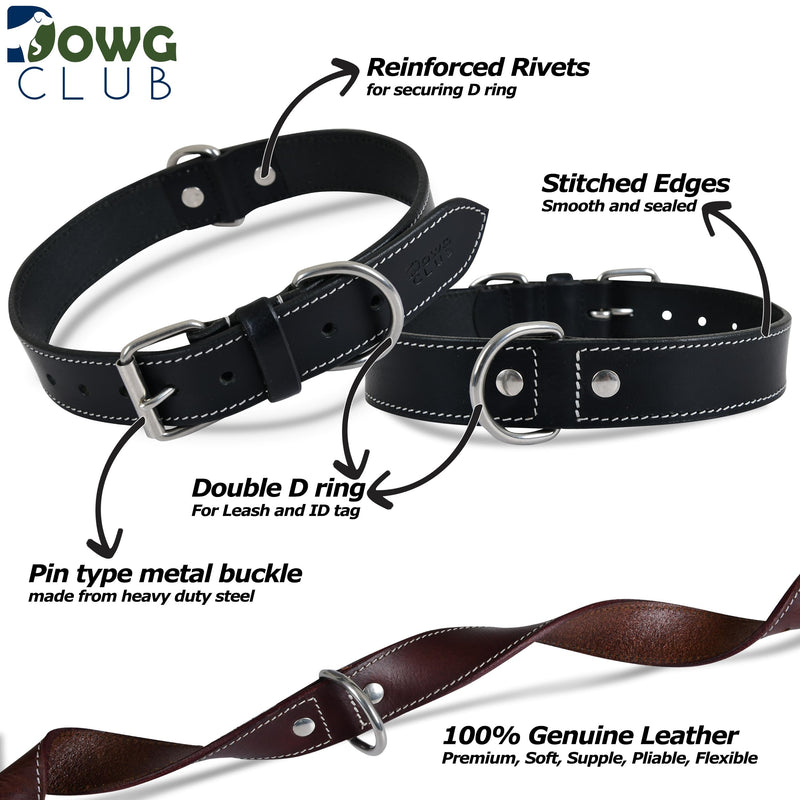 Genuine Leather Dog Collar, Made from Full Grain Hides, Heavy Duty, Adjustable, Ultra Soft, Supple, Comfortable, with Double D Rings (L (18”-22”), Rich Black) L (18”-22”) - PawsPlanet Australia