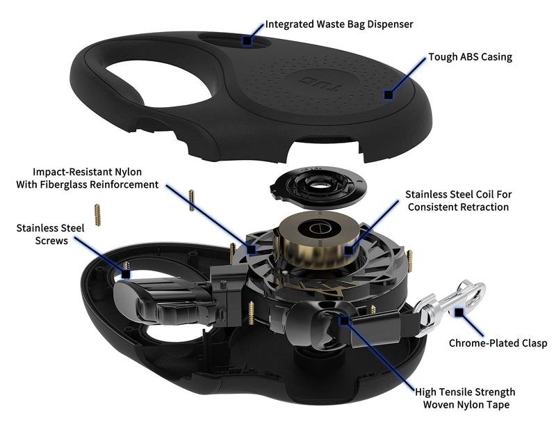 TUG Oval 360° Tangle-Free Retractable Dog Leash with Integrated Waste Bag Dispenser (Large, Black) Large - PawsPlanet Australia