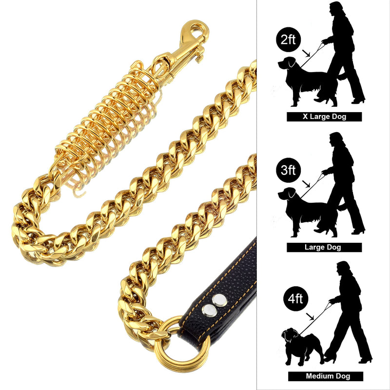 Pradog Dog Chain Leash Dog Heavy Duty Strong Chew Proof 19mm 2ft 3ft 4ft 18K Gold Chrome Stainless Steel Cuban Link Chain Labor-Saving Spring with Leather Handle for Medium Large Dogs(3FT) 3.0 FT ( For S, M, L Dog) - PawsPlanet Australia