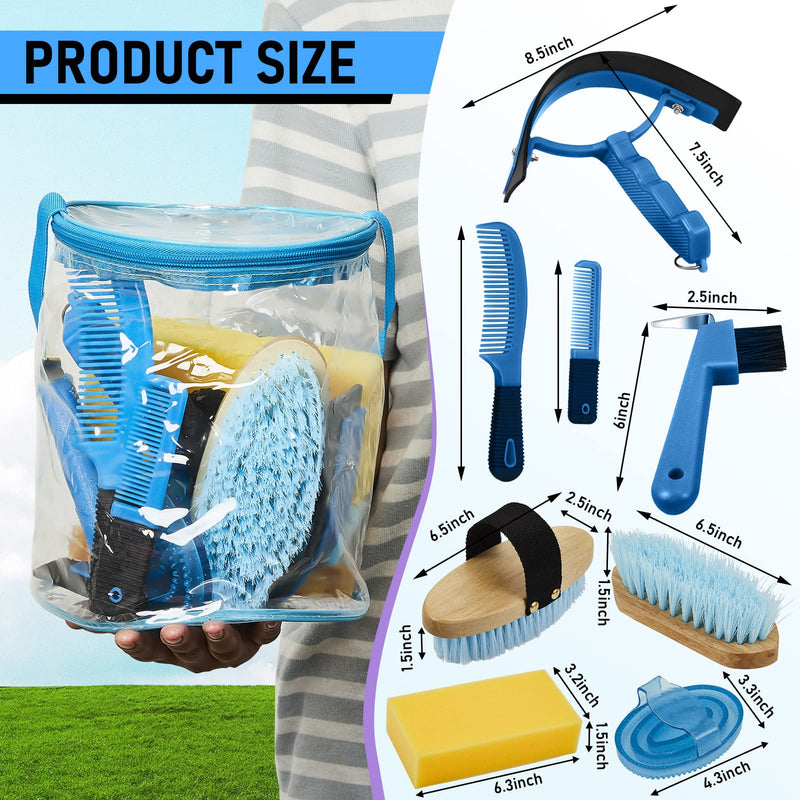 Cunhill 9 Pcs Horse Grooming Kit Tack Room Supplies Set with Tote Bag, Oval Massage Curry, Hard and Soft Brush, Hoof Pick, Sweat Scraper, Bathing Sponge, Comb for Horse Rider(Cute,Blue) Cute Blue