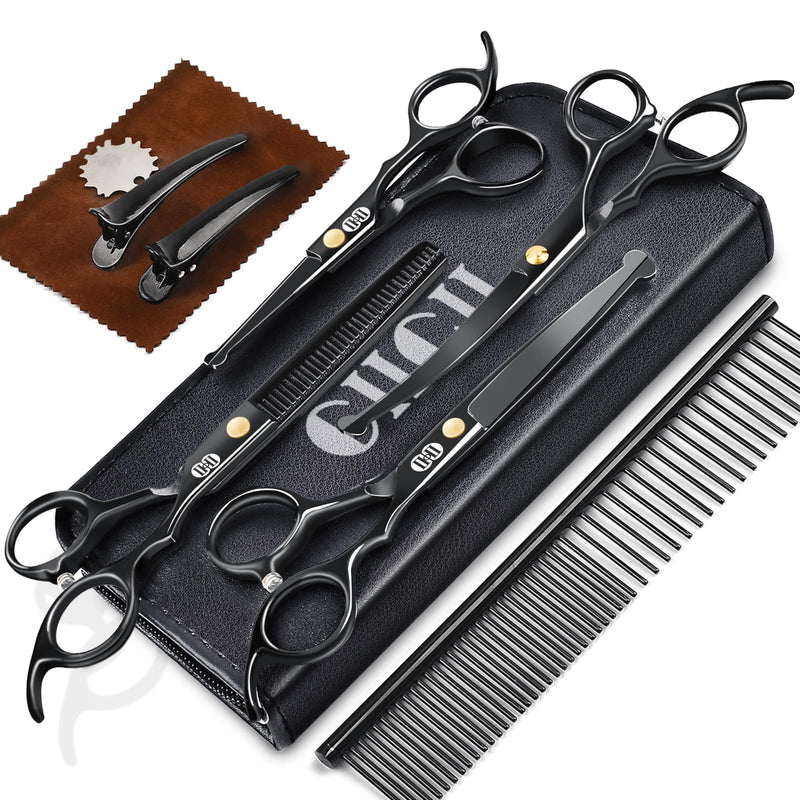 CIICII Dog Grooming Scissors Kit, 10-In-1 Professional Pet Grooming Scissors Set with Safety Round Tip (Dogs/Cat Hair Cutting Trimming Thinning Shears with Curved Scissors) for DIY Home Salon (Black) Black Dog Grooming Scissors