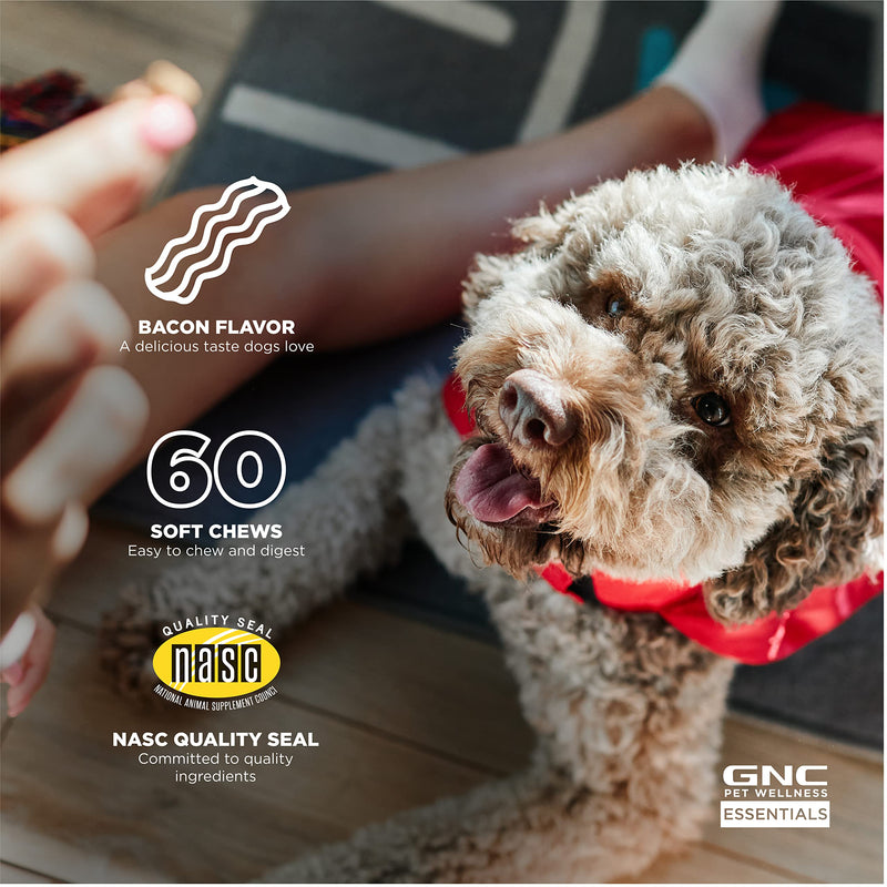 GNC Pets Essentials Digestion Supplements for All Dogs 60ct 2.2g Soft Chews Bacon Flavor 12oz Reusable Container | Daily Supplements for Dogs Digestion (FF15595) 60 Count (Pack of 1)