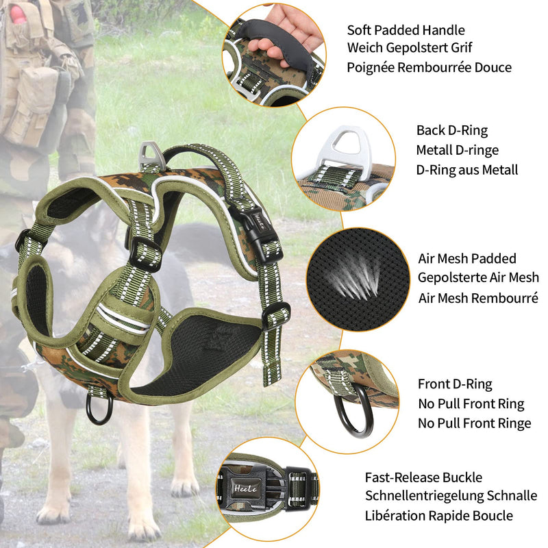 HEELE Dog Harness, No Pull Adjustable Padded Reflective Harness for Small Medium Large Dogs with Handle for Walking Training, Camo Green, M - PawsPlanet Australia