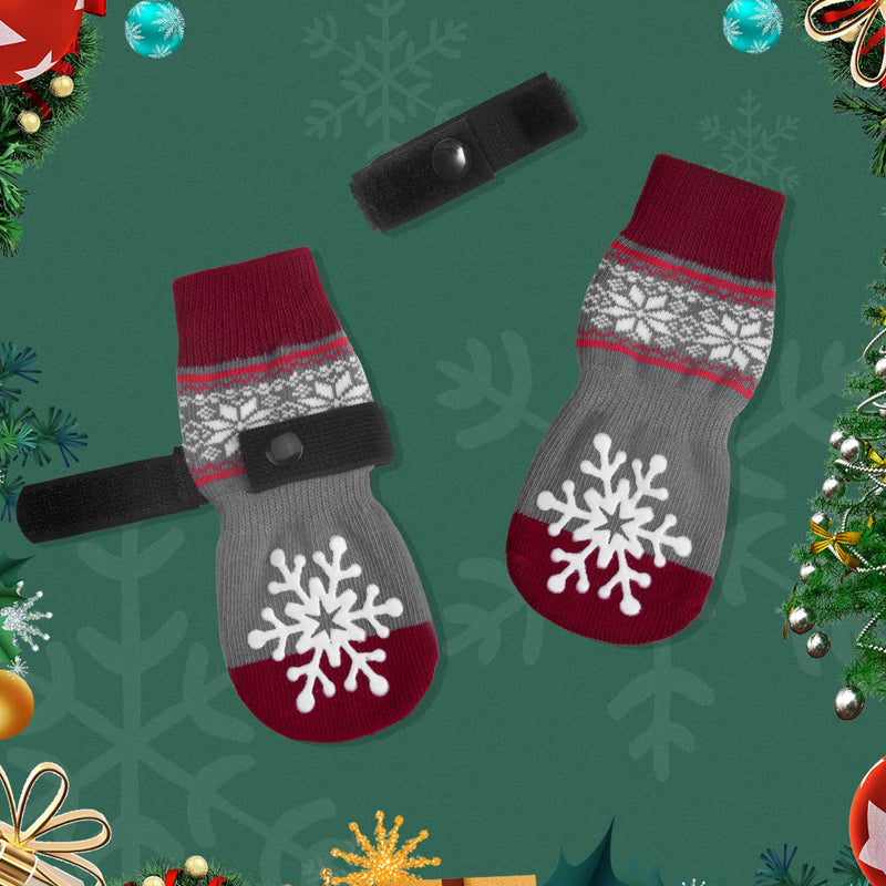 BEAUTYZOO Christmas Winter Anti-Slip Dog Socks with Grips Traction Control for Small Medium Large Dogs, Non Skid Indoor Double Side Pet Paw Protector for Hardwood Floor Wear, Snowflake M M(Pack of 6) Snowflake Red - PawsPlanet Australia