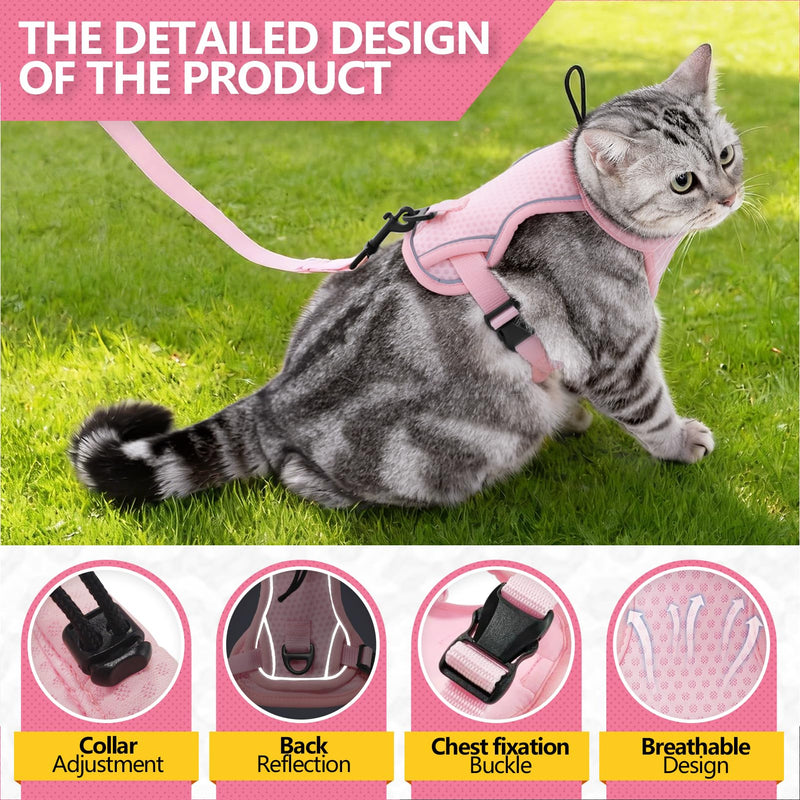 2 Pcs Cat Outdoor Harness and Leash, Escape Proof Adjustable Vest for Pet, Breathable Mesh Reflective Strip Vests, for Most Cats and Samll Dogs (Pink, M) Pink
