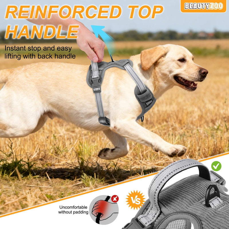 BEAUTYZOO No Pull Dog Harness Large, Adjustable Dog Harness and Leash Set -Easy Wearing with 3 Buckles/Control Handle,No Choke Soft Padded Reflective Pet Vest for Training Walking Hiking,Grey L L: chest 22"-33" Solid Grey - PawsPlanet Australia