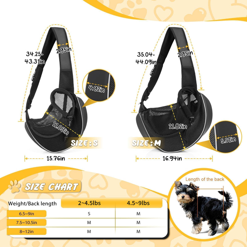 Detachable Hard Bottom Dog Sling for Small Dogs & Cats Up to 10 lbs- Upgraded Breathable Mesh, Adjustable Strap & Large Pocket - Hands-Free Pet Carrier for Travel Walking Hiking (Black Size M) Medium(5-10lbs) Black - PawsPlanet Australia