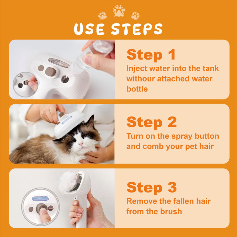 Cat Steam Brush, Dog Brush for Shedding, Pet Spray Hair Removal Comb, Pet Brush for Short & Long Hair, USB Rechargeable Grooming Supplies, Spritz Defur Comb with Finger Wipe for Teeth (White) Pet Brush+Shampoo+Wipes - PawsPlanet Australia