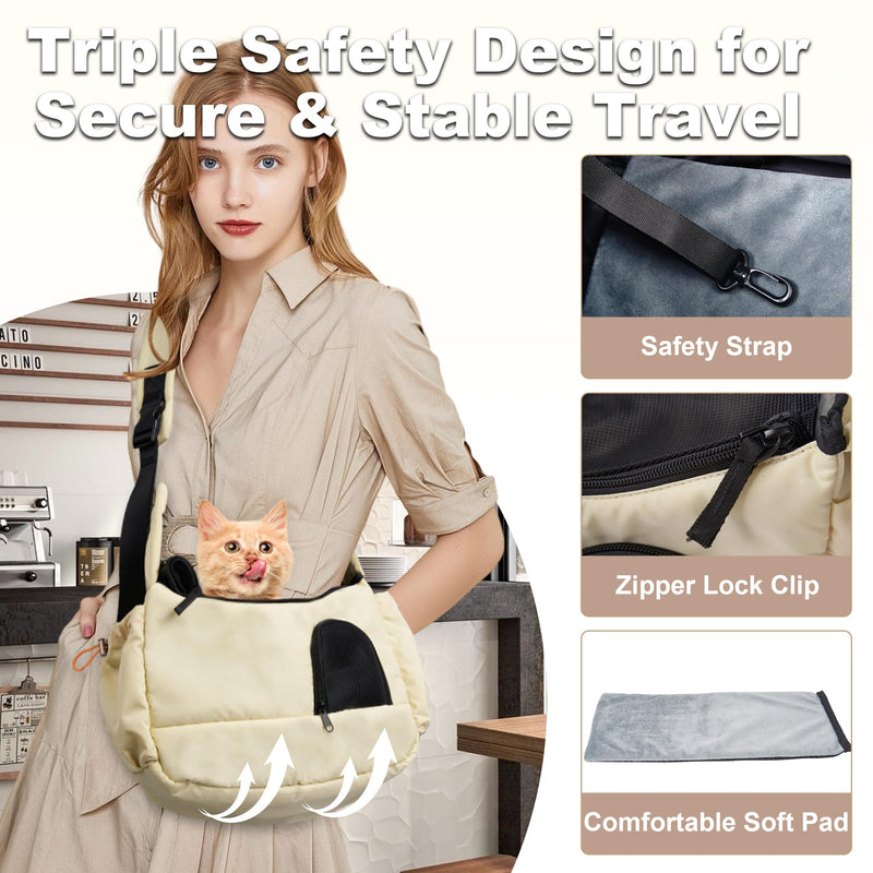 Dog Sling Carrier for Small Pets, Cat Sling for Kitten and Puppy up to 7 lbs, Breathable Cat Pouch Pet Purse with Soft Mat, Hands-Free Pet Carrier with Safety Harness and Pockets for Travel, Yellow Light Yellow - PawsPlanet Australia