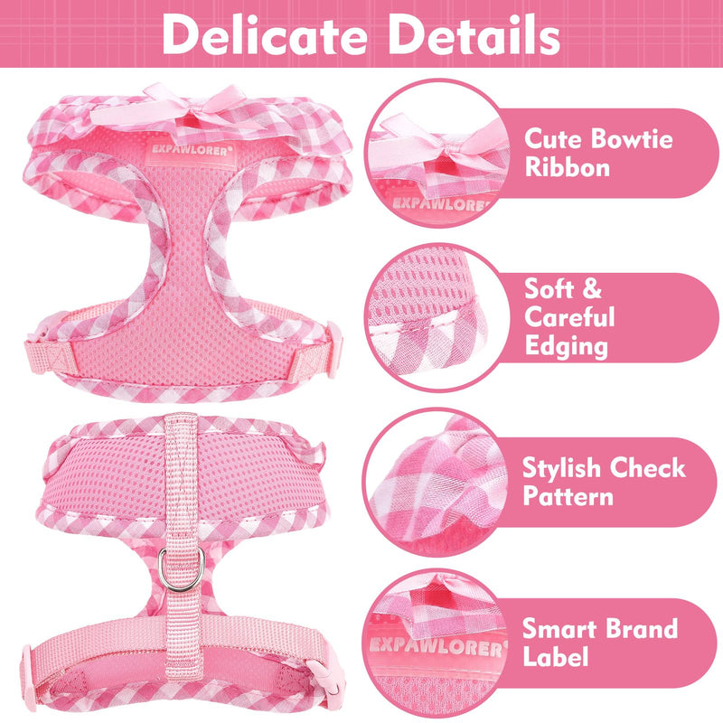 EXPAWLORER Cute Dog Harness Collar Leash Set - Pink Girl Dog Harness Checkered Step-in Design, Detachable Bow Pet Collar, Adjustable No-Choke Lightweight Mesh Vest for Cats Puppy Small Dogs, S Pink (with Collar) - PawsPlanet Australia