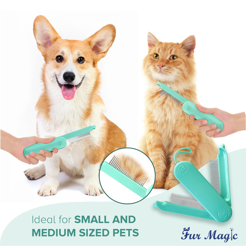 Fur Magic Deshedding and Dematting Comb, 2 Sided Foldable Pet Grooming Brush for Deshedding, Mats and Tangles, Reduce Shedding for Dogs and Cats with Medium and Short Hair, Green - PawsPlanet Australia