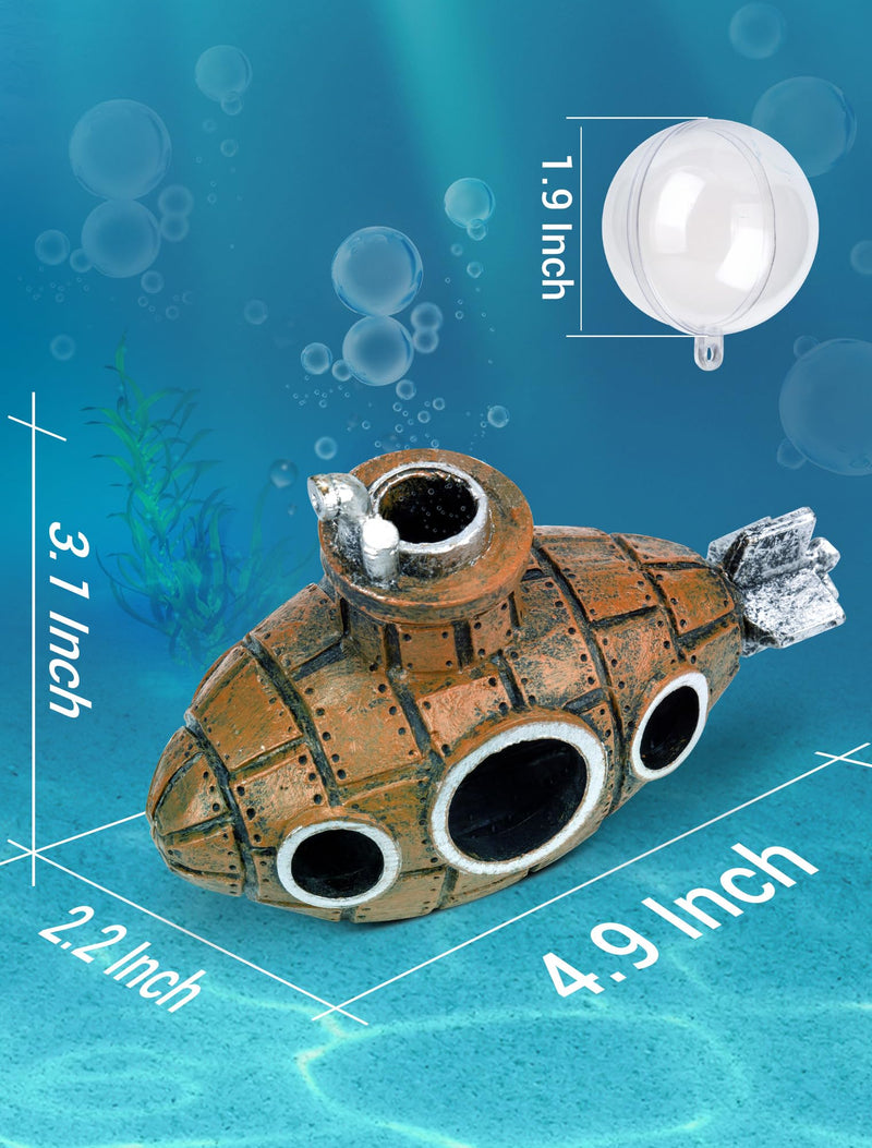 Floating Fish Tank Decoration, Little Cute Retro Submarine Aquarium Decoration with Two Float Balls , Resinous Fish Tank Accessorie, Safe Fish Toy for Betta Cichlid Goldfish Shrimps Hermit Crabs Floating submarine 4.9'' - PawsPlanet Australia