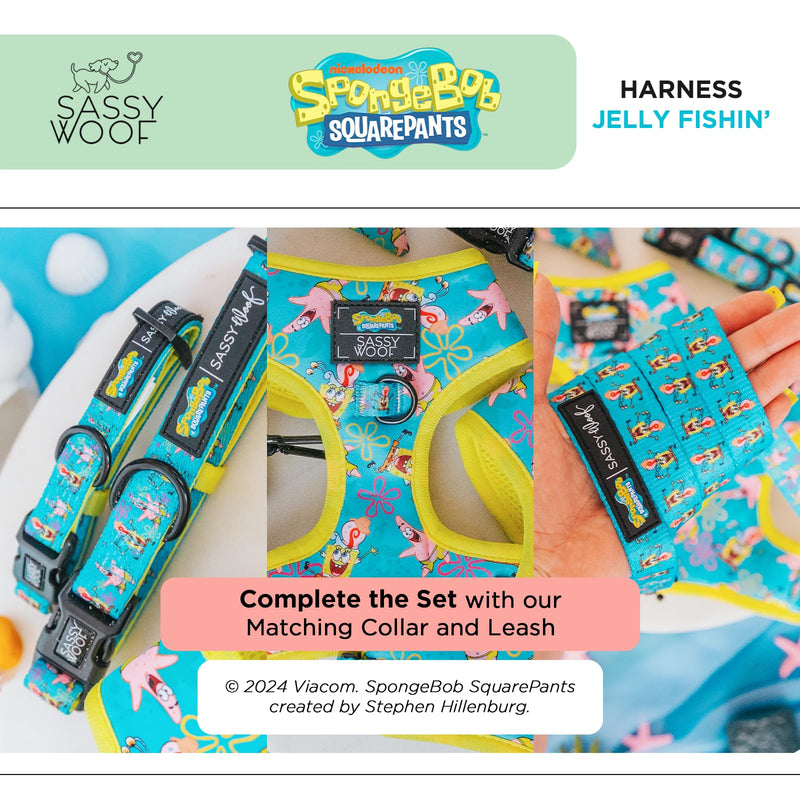 Sassy Woof Dog Adjustable Harness - Spongebob Squarepants™ Jelly Fishin' - XS, Breathable Mesh, No Pull Design with Two D-Rings, Patented Design, Perfect for Small Dogs - Officially Licensed X-Small