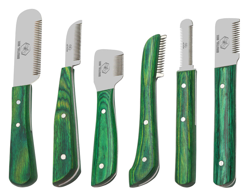 Brutul Bee Dog Grooming Coat Stripping Knife Stripper Trimmer Tool Wooded Handle Stripping Knives Set of 6 in Stainless Steel Non-Slip Tools for Grooming Dogs (Green) Green