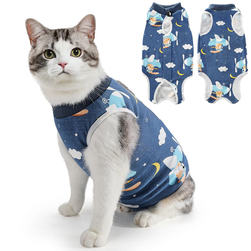 SlowTon Cat Recovery Suit - Cat Onesie for Cats After Surgery Female Male, Kitten Clothes Cat Surgical Spay Suit Abdominal Wounds, E-Collar Alternative Cats Bodysuit Shirt Anti-Licking (Blue, M) Medium Blue