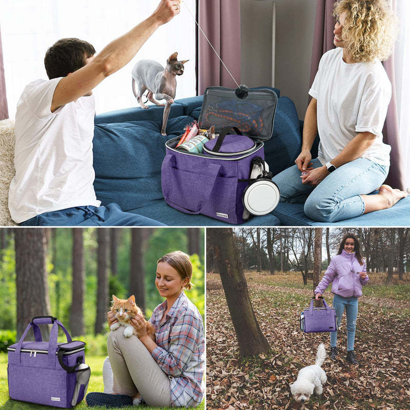 BAGLHER Dog Travel Bag Backpack Pet Supplies Backpack 5-Piece Set with Shoulder Strap 2 Lined Pet Food Containers 4 Foldable Feeding Bowls Essential Kit for Pet Travel Purple Medium - PawsPlanet Australia